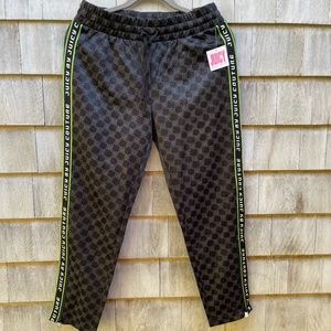 NWT Juicy Couture Logo Check Tricot Track Pant Green Stripe Side Zipper Small